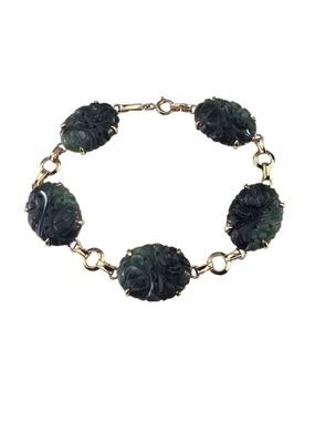 14K Yellow Gold Carved Jade Bracelet #24653